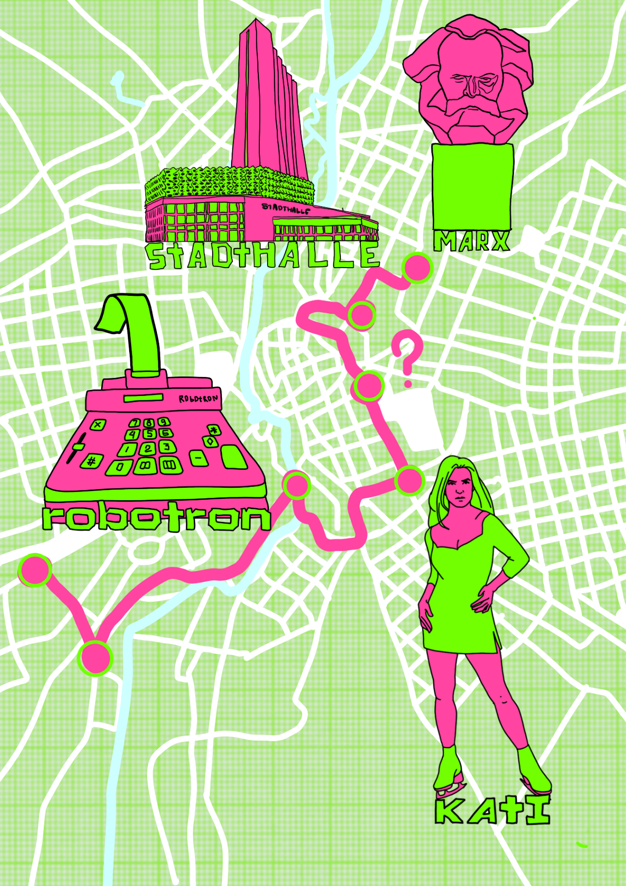 Hand-drawn route map of Karl-Marx-Stadt with Stadthalle, Robotron, Marx monument and Kati
