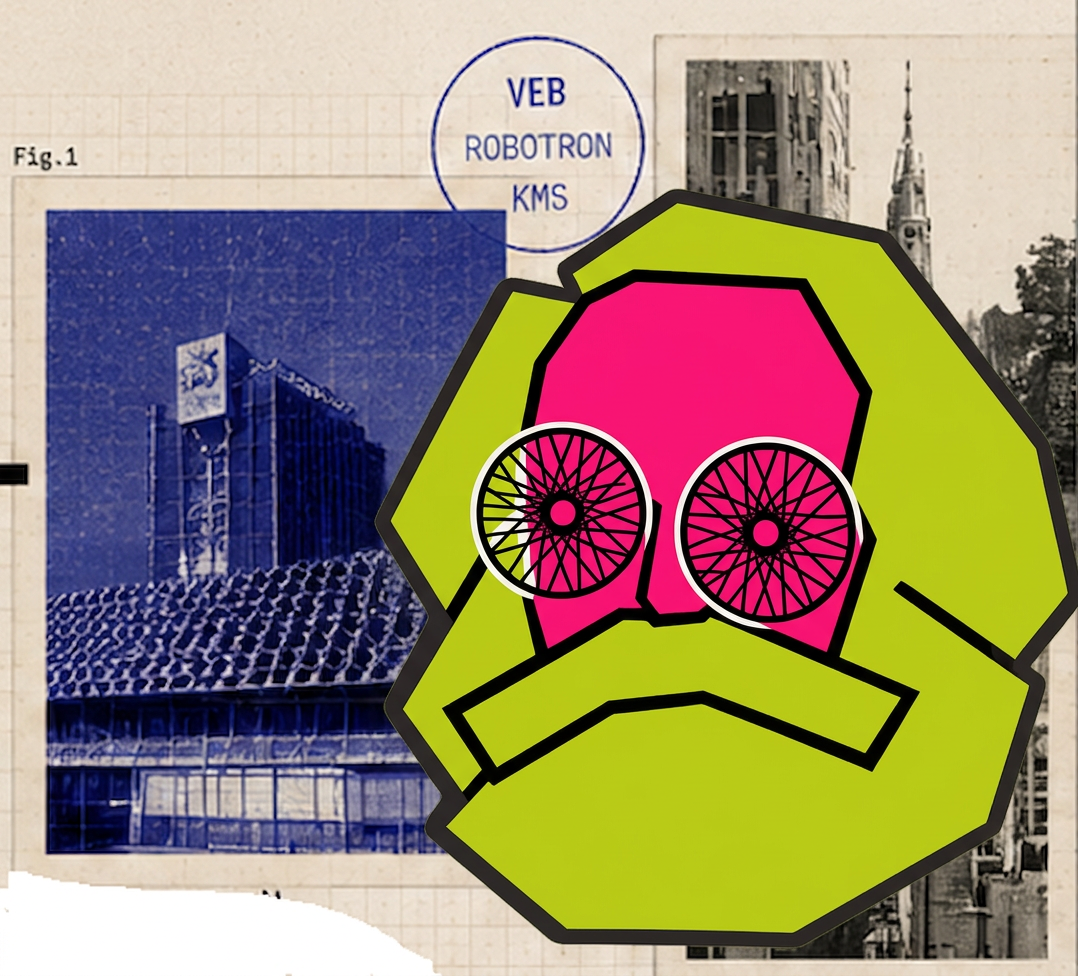 Secret Karl-Marx-Stadt collage — Robotron building and mechanical Karl Marx emblem